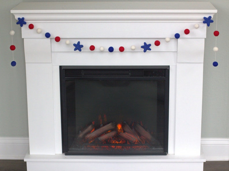 Fourth July Garland Decor 1 Felt Balls, 2 Stars Red White Royal Blue Memorial Day Party, American Flag Mantle Banner, Labor Day Shelf image 2