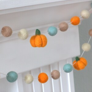 Felt Pumpkin Garland Teal Orange Tan Fall Mantle Banner, Autumn Shelf, Halloween Party, Thanksgiving Decor 1 Felt Balls, 1.5 Pumpkins image 9