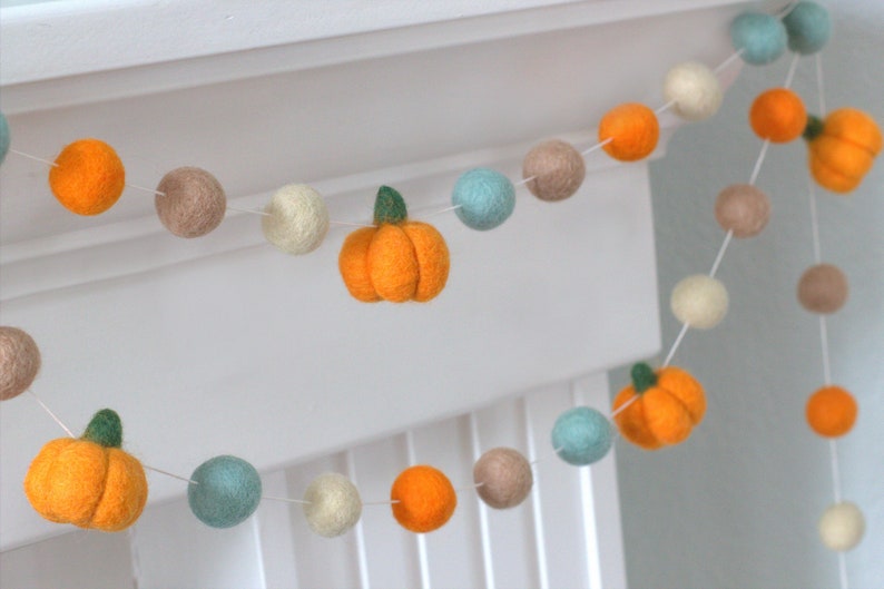 Felt Pumpkin Garland Teal Orange Tan Fall Mantle Banner, Autumn Shelf, Halloween Party, Thanksgiving Decor 1 Felt Balls, 1.5 Pumpkins image 9