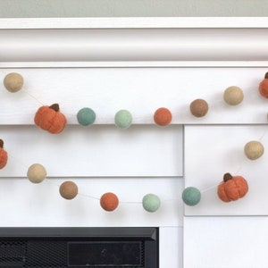 Fall Felt Pumpkin Garland Home Decor- Teal Tan Terra Cotta- Mantle Banner Autumn Shelf Thanksgiving Halloween Party- 1&quot; Balls, 1.5&quot; Pumpkins