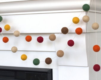 Fall Felt Ball Garland- Burgundy, Orange, Gold, Forest Green, Brown- Autumn Shelf Mantle Banner, Thanksgiving Home Decor- 1" Wool Felt Balls