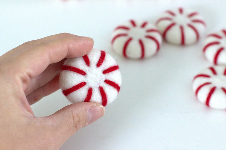 Felt Peppermints Red & White Christmas Home Decor, Winter Tiered Tray, Candy Cane Bowl Filler, Stocking Stuffer, Wool Cat Toy Approx 1.75 image 4