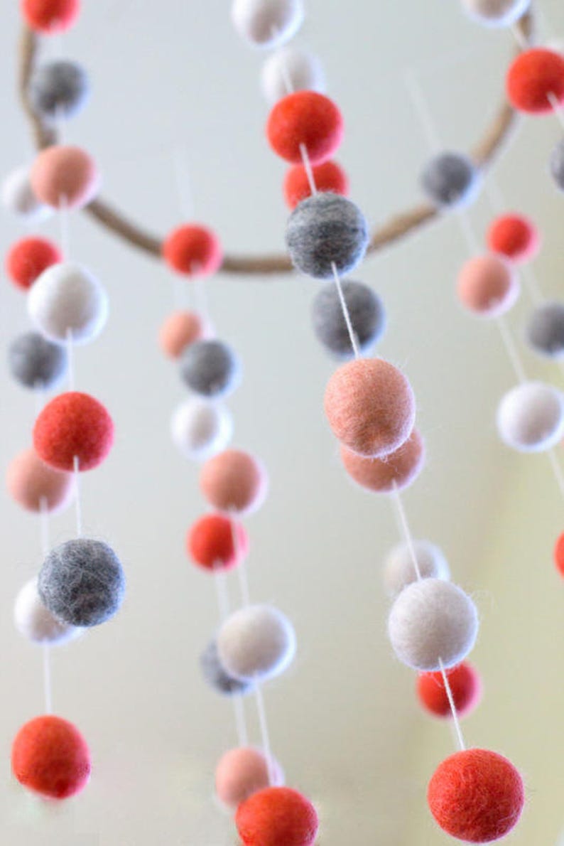 Coral Peach Felt Ball Nursery Mobile Decor Wool Felt Pom Poms LARGE
