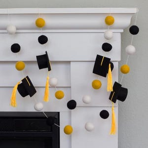 Graduation Cap Felt Garland- 1" Felt Balls, 2" Wide Caps- Black Gold White with GOLD tassels- Mantel Party Decor Banner
