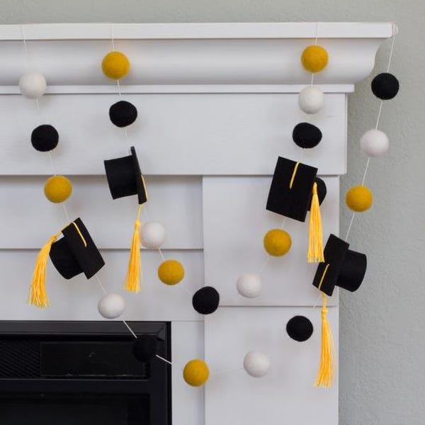 Graduation Cap Felt Garland- 1" Felt Balls, 2" Wide Caps- Black Gold White with GOLD tassels- Mantel Party Decor Banner
