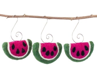 Felt Watermelon Ornaments- Pink & Green- SET OF 3 or 5- Silver Swirl Hook- Spring Tree Home Decor, Summer Citrus Fruit- Watermelon Approx 2"