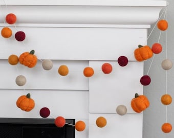 Fall Felt Pumpkin Garland- Burgundy, Orange- Halloween Mantel Banner, Autumn Shelf, Thanksgiving Decor- 1" Balls  1.5" Pumpkins- Handmade