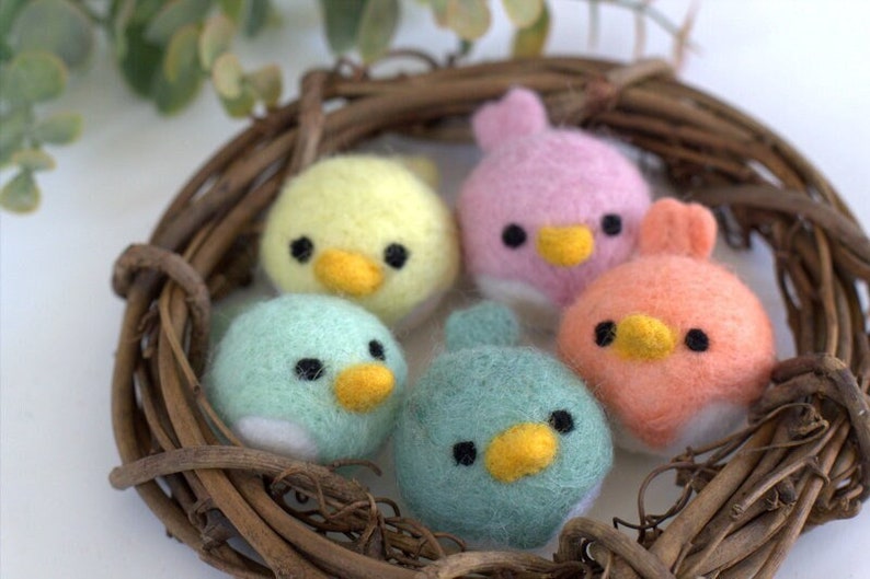 Spring Bird Chick Felt Shapes SET OF 5 PASTEL Colors Easter Bowl Filler, Home Decor Tiered Tray, Shelf Sitter, Gift Approx. 2.25 Long image 1