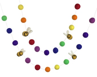 Spring Bumble Bee Felt Garland- 1" Balls- Rainbow ROYGBIV- Wool Felted Bees and Balls- Spring Summer- 100% Wool