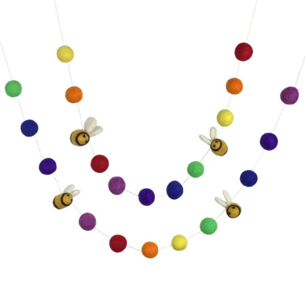 Bumble Bee Felt Garland- 1" Balls- Rainbow ROYGBIV- Wool Felted Bees and Balls- Spring Summer- 100% Wool