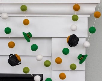 Leprechaun & Pot of Gold Garland- 1" Felt Balls- Gold and Shades of Green St. Patrick's Day Home Decor- Spring Mantel Shelf