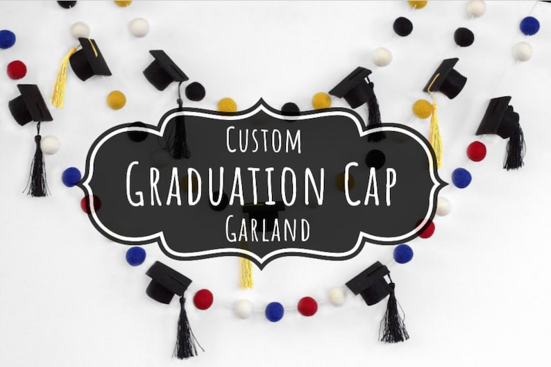 CUSTOM Graduation Cap Garland 1 Felt Balls, 2 Caps Mortar Board Hat Mantle Party Banner image 1