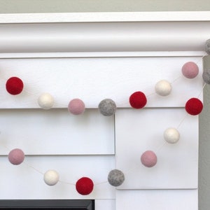 Valentine's Decor Garland 1 Felt Balls Red, Pink, Gray & White Mantle Banner, Shelf Home Decor 100% Wool image 7