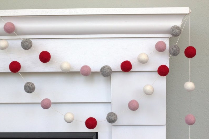 Valentine's Decor Garland 1 Felt Balls Red, Pink, Gray & White Mantle Banner, Shelf Home Decor 100% Wool image 7