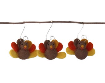 Thanksgiving Felted Turkey Ornaments - 100% Wool Fall Tree Decor with Hooks