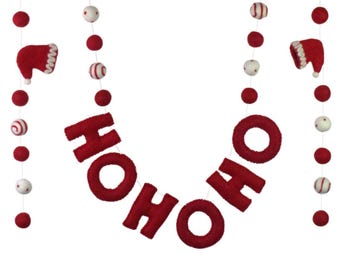 Christmas HOHOHO Santa Claus Hats Garland- 6 ft String, 28 Shapes- Red White Swirls & Dots- 1" Balls, 2.5" Hats- Winter Shelf Home Decor