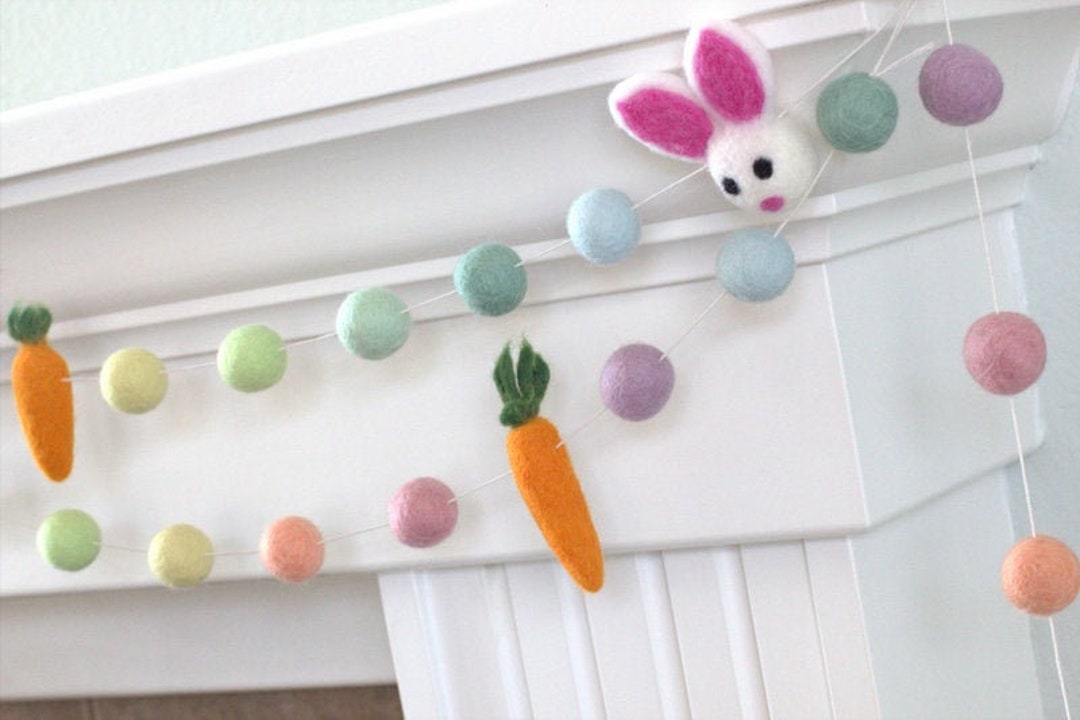 Easter Decor Bunny Carrot Garland- 1" Felt Balls, 2.5" Bunny, 3" Carrot ...
