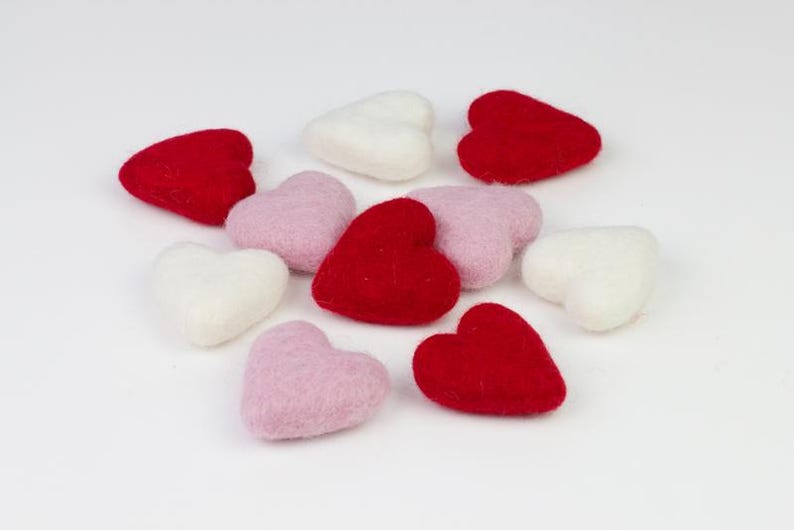 Wool Felt Hearts- Red Pink White- SET of 3, 6 or 12 Valentine's Day Bowl Filler, Tiered Tray, Shelf Sitter, Wool Cat Toy- Approx. 1.75" Tall image 10