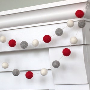 Red, Gray, White Felt Ball Garland- Christmas Mantle, Winter Holiday Shelf, Valentine's Day Home Decor, Ohio Banner- 1" Wool Felt Balls