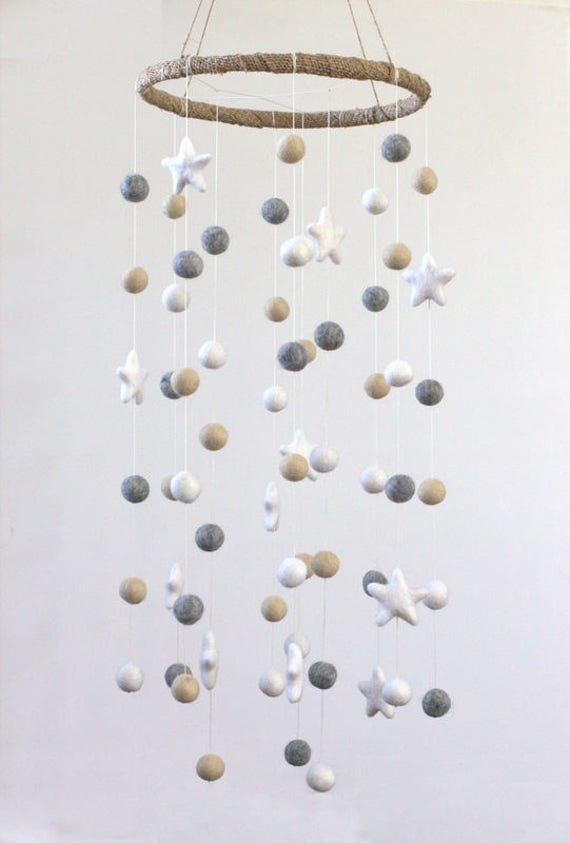 Neutral Nursery Mobile Felt Ball Decor- Felt Pom Balls & Stars- Almond, Gray, White- LARGE SIZE- Baby, Children Ceiling Decor- 100% Wool