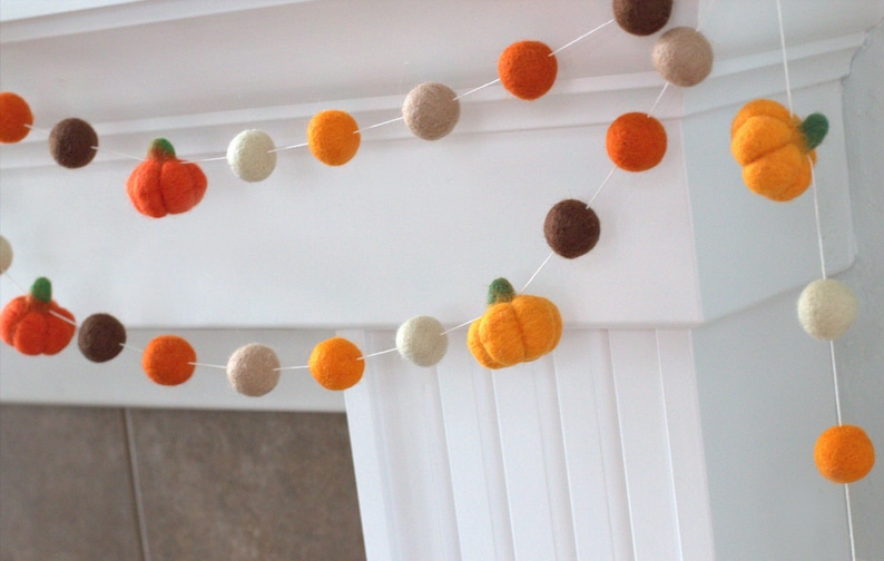 Fall Felt Pumpkin Garland, Thanksgiving Mantel Decor - Orange Brown - 1" Balls, 1.5" Pumpkins- Handmade image 10