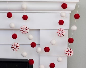 Peppermint Felt Garland- Red & White- Christmas Mantel Banner, Candy Cane Holiday Shelf, Winter Home Decor- 1" Felt Balls, 1.75" Peppermints