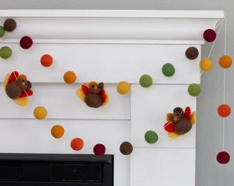 Thanksgiving Turkey Garland- Burgundy Green Orange- Fall Harvest Decor, Mantel Banner, Autumn Shelf Bunting- 1" Felt Balls 2.5" Turkeys