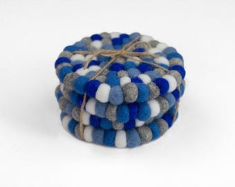 Winter Felt Coaster Set- Set of 4 or 6- 4" Wide, 100% Wool- Blue, Gray, White- Handmade Gift Idea, Tea Coffee Table Accessories
