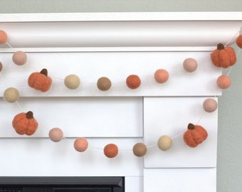 Felt Pumpkin Garland- Terra Cotta, Pink, Tan- Fall Autumn Mantle Banner, Halloween Shelf, Thanksgiving Decor- 1" Felt Balls, 1.5" Pumpkins