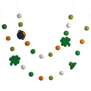 St. Patrick's Day Home Decor Garland- 1" Felt Balls- Shamrock, Leprechaun, Pot of Gold- Orange & Shades of Green- Spring Mantel Shelf
