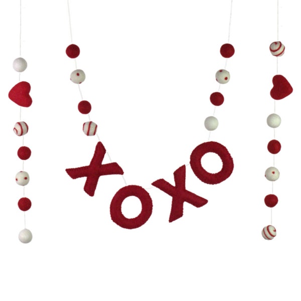 Valentine's XOXO Garland- 6 ft String, 26 Shapes- 1" Felt Balls, 1.75" Hearts, 2" Letters- Red, White Dots & Swirls- Mantle Shelf Home Decor
