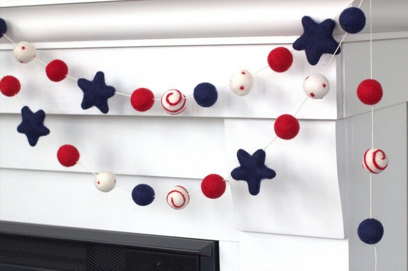 Fourth of July Garland 1 Felt Balls, 2 Stars Stars & Swirls Red White Navy Blue Memorial Day Party, American Flag Mantle Banner Decor image 1