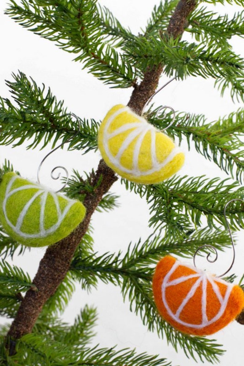 Fruit Slice Ornaments SET OF 3 Silver Swirl Hook Summer Citrus Tree, Spring Home Decor, Yellow Orange Green Fruit Slices Approx 2 Wide image 5