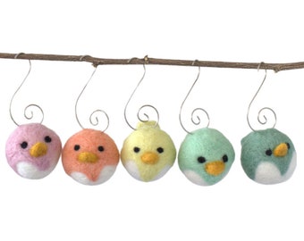 Bird Tree Ornaments- SET OF 5- Pastel Chicks with Silver Hooks- Spring Decor, Christmas Gift