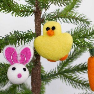 Easter Ornaments Felt Bunny, Chick, Carrot SET OF 3 Spring Ornaments with Silver Hooks Tree Decor image 2