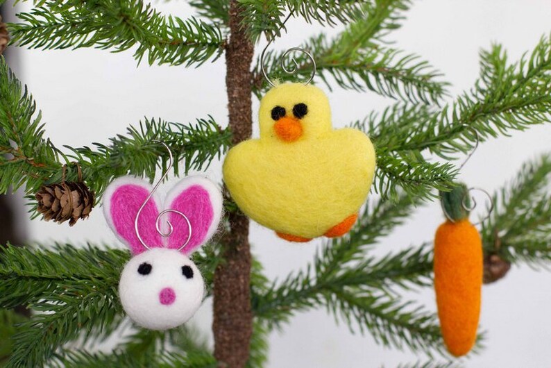 Easter Ornaments Felt Bunny, Chick, Carrot SET OF 3 Spring Ornaments with Silver Hooks Tree Decor image 2