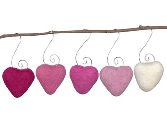 Valentine's Day Heart Ornaments- SET OF 5- Pink & White with Silver Hooks- Tree Decor- Finished Ornament approx. 3.5" tall