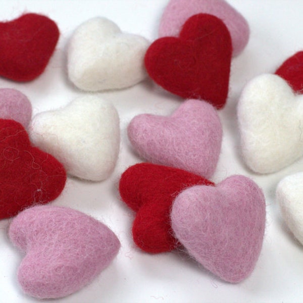 Wool Felt Hearts- Red Pink White- SET of 3, 6 or 12 Valentine's Day Bowl Filler, Tiered Tray, Shelf Sitter, Wool Cat Toy- Approx. 1.75" Tall