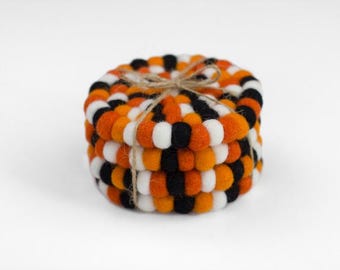 Halloween Felt Coasters- 4" Wide- Set of 4 or 6- 100% Wool- Autumn Handmade Gift Idea- Fall Tea Coffee Table Accessories
