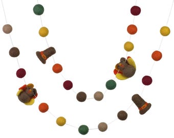 Thanksgiving Felt Garland- Turkey & Pilgrim Hat- Fall Harvest Colors- Autumn Mantel Shelf Banner- 1" Felt Balls, 2" Hats, 2.5" Turkeys