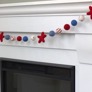 Fourth of July Garland 1 Felt Balls, 2 Stars Felt Balls Stars & Swirls Red White Blue with Red Stars USA Memorial Day 100% Wool image 8