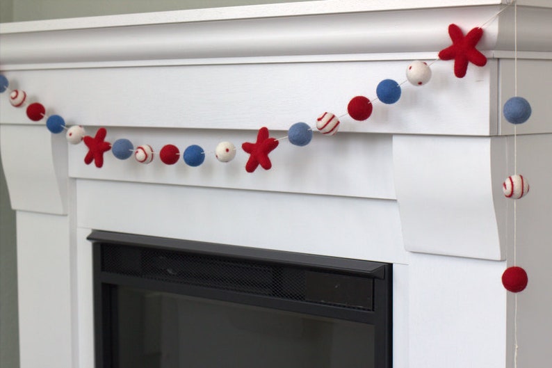 Fourth of July Garland 1 Felt Balls, 2 Stars Felt Balls Stars & Swirls Red White Blue with Red Stars USA Memorial Day 100% Wool image 8