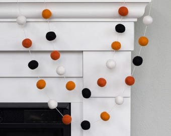 Halloween Felt Ball Garland, Fall Mantel Banner - Black, Oranges, White - 1" Felt Balls- 100% Wool- Handmade