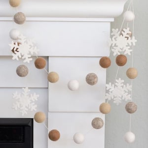 Felt Snowflake Winter Garland- Neutrals- Christmas Mantel Banner, Holiday Shelf, Home Decor- 1" Felt Balls, 2.5" Snowflakes- 100% Wool
