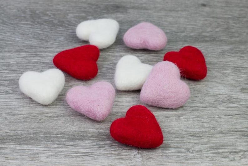 Wool Felt Hearts- Red Pink White- SET of 3, 6 or 12 Valentine's Day Bowl Filler, Tiered Tray, Shelf Sitter, Wool Cat Toy- Approx. 1.75" Tall image 9