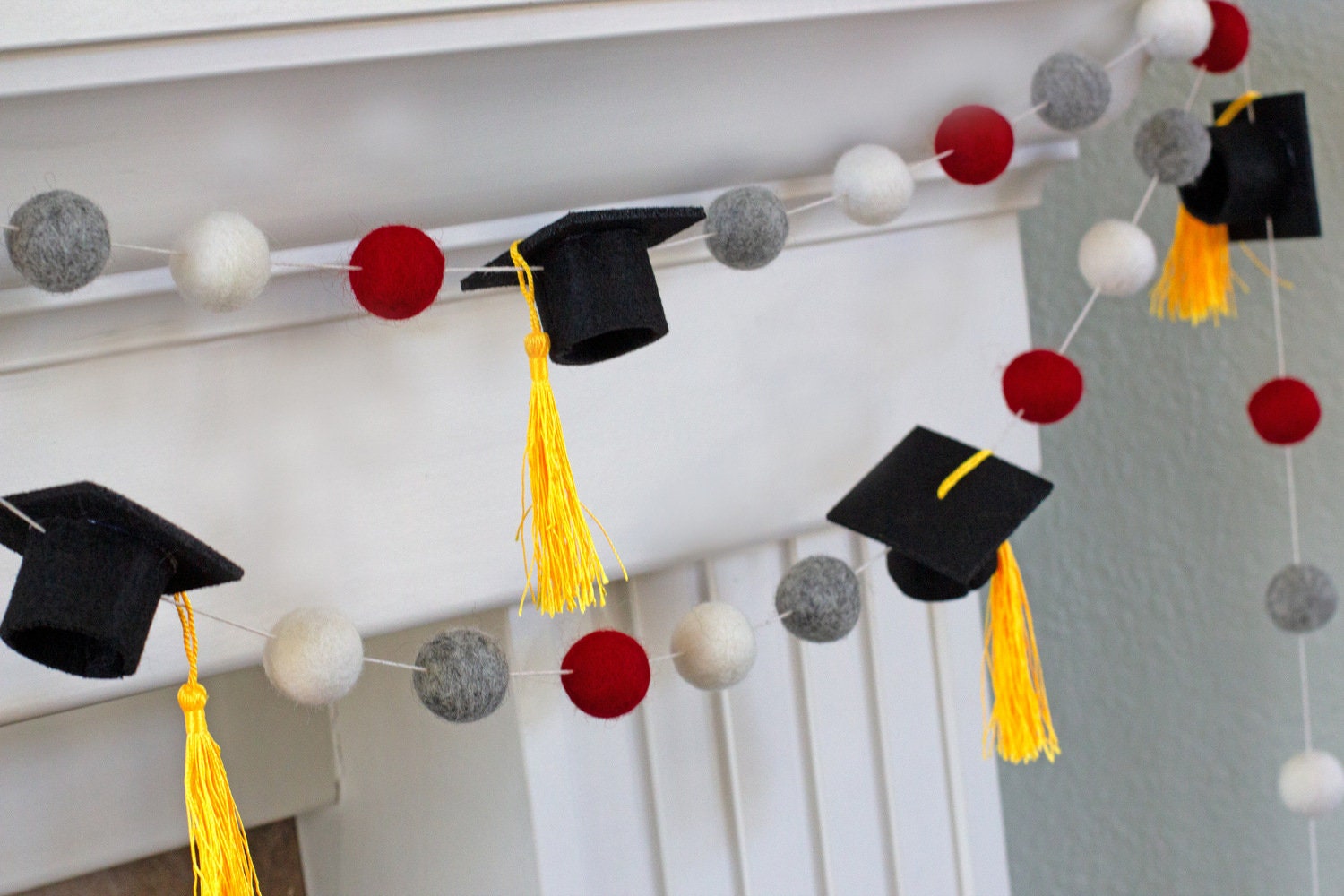 Graduation Cap Felt Ball Garland Red 