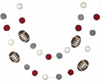 Football Garland Decor- 1" Felt Balls  2.25" Footballs- Red, Gray White- School Spirit, Tailgate Party, Man Cave Wall Art, Baby Nursery Gift
