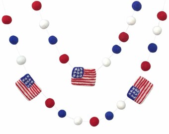 American Flag Garland- 1" Felt Balls, 2.5" Flags- Red White Blue- Holiday Party- Memorial Day- Fourth July- 100% Wool