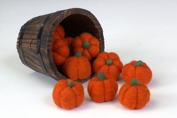 Wool Felt Pumpkin Figurines- Set of 3, 5 or 10- Bright Orange- Fall Bowl Filler, Autumn Tiered Tray, Halloween Décor- 1.5”- Handmade Gift