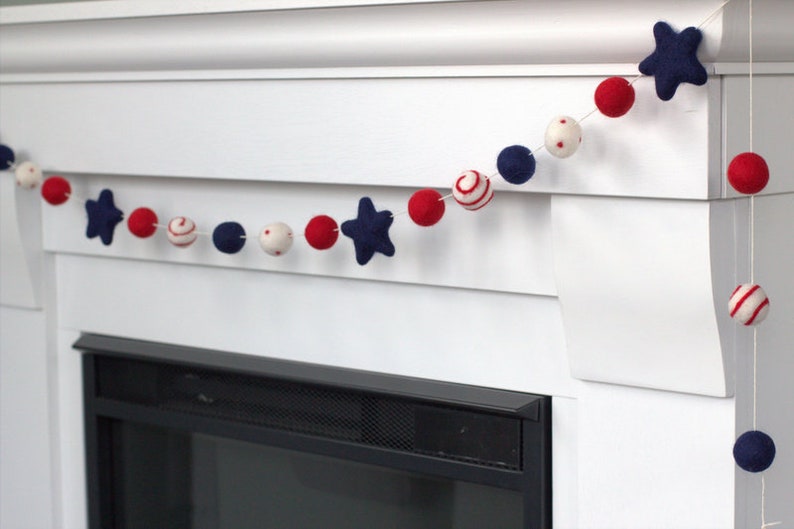 Fourth of July Garland 1 Felt Balls, 2 Stars Stars & Swirls Red White Navy Blue Memorial Day Party, American Flag Mantle Banner Decor image 8